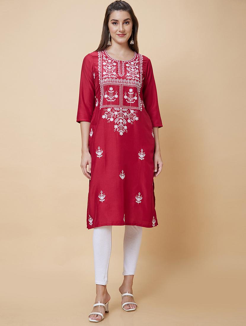 women maroon round neck straight kurta - 20394947 - Zoom Image - 0
