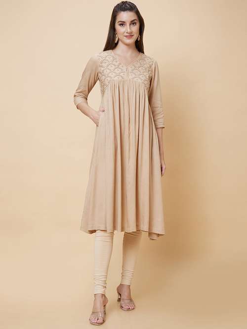 women v-neck mirror work a-line kurta - 20394948 -  Standard Image - 0