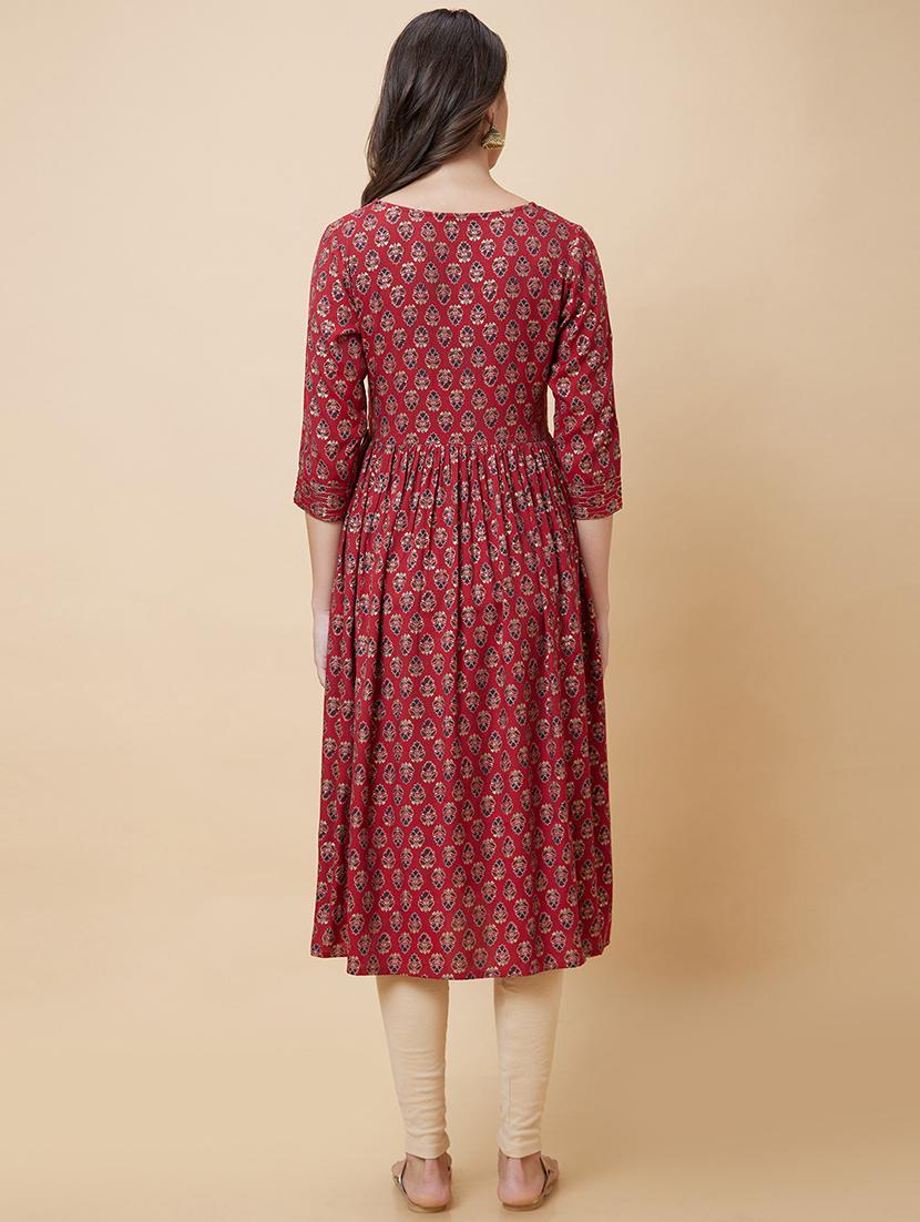 maroon foil printed a-line kurta - 20394954 - Standard Image - 3