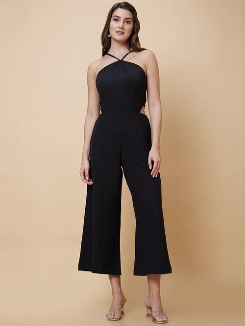 black solid halter neck full length jumpsuit - 20394967 - Standard Image - 0