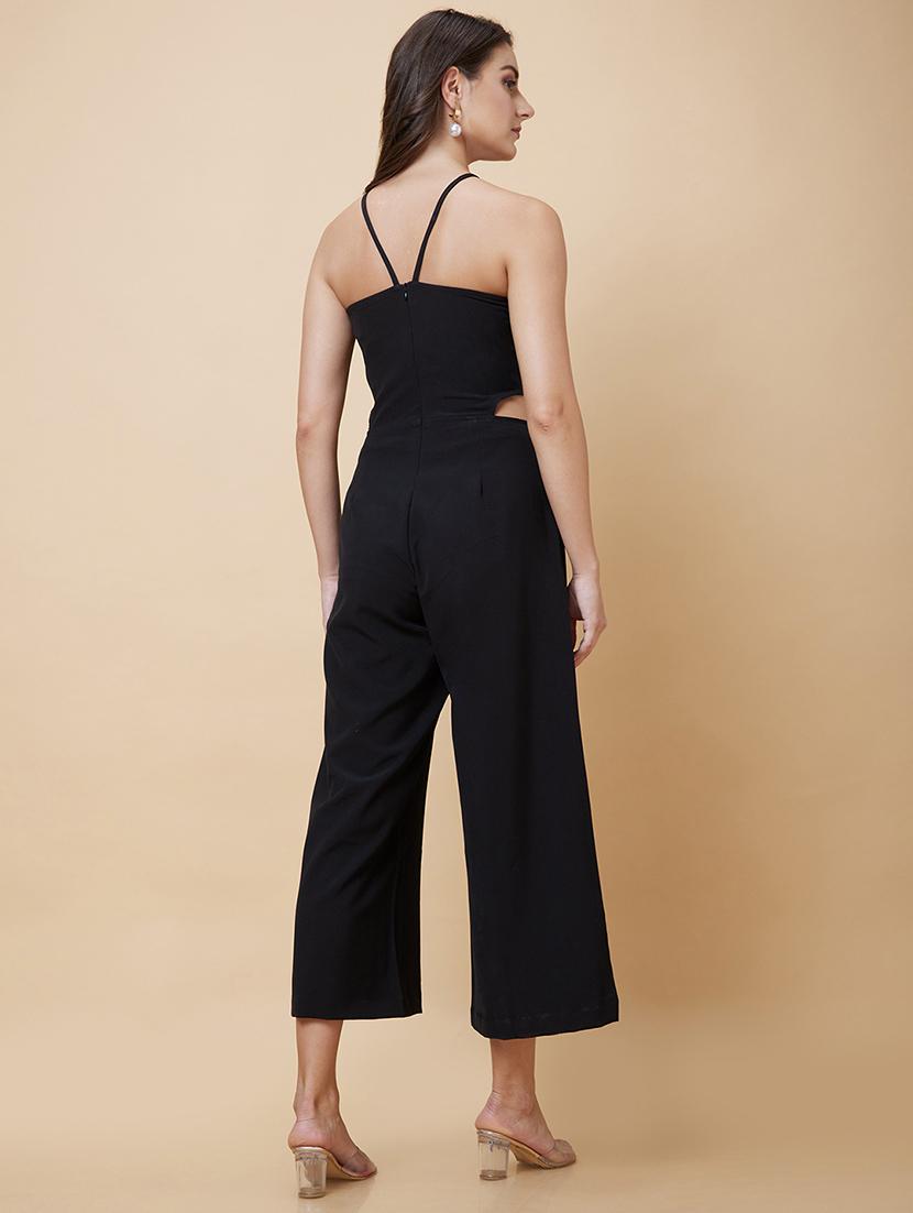 black solid halter neck full length jumpsuit - 20394967 - Standard Image - 3