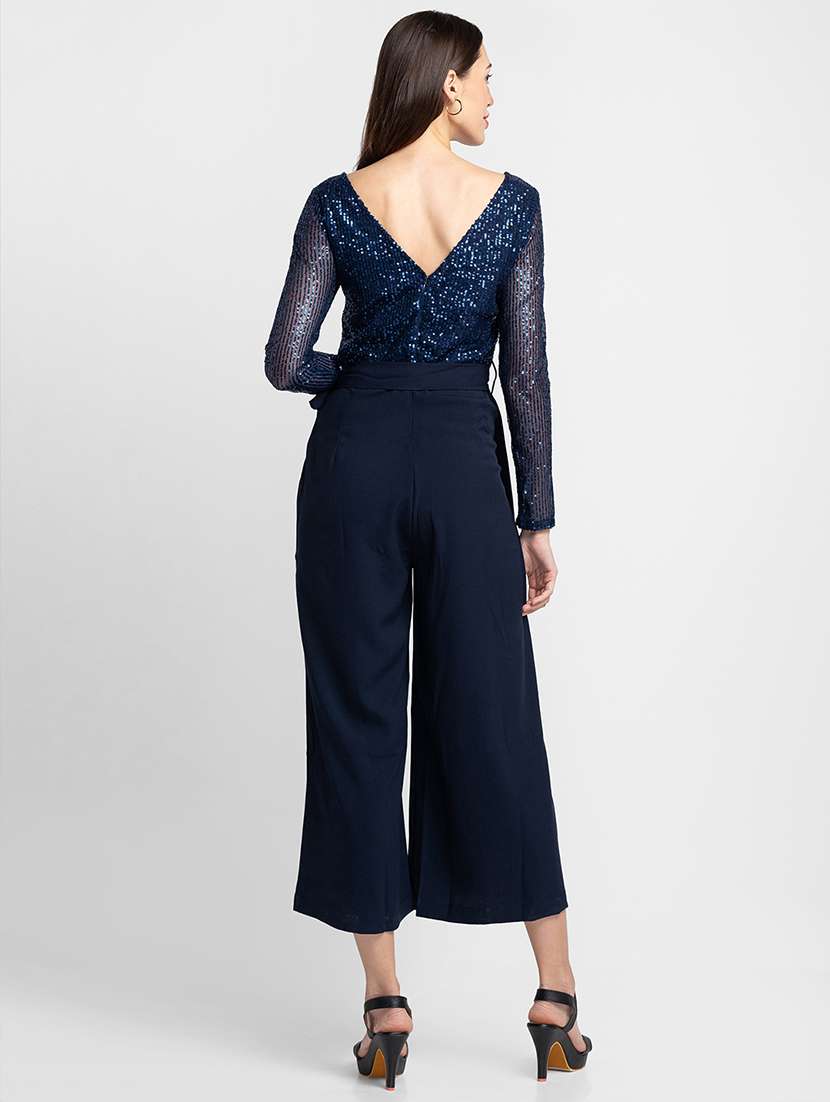 navy blue sequined full lengthjumpsuit - 20394968 -  Standard Image - 3