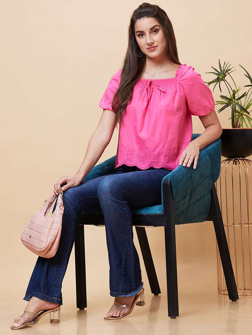 pink solid square neck regular top - 20394975 -  Standard Image - 3