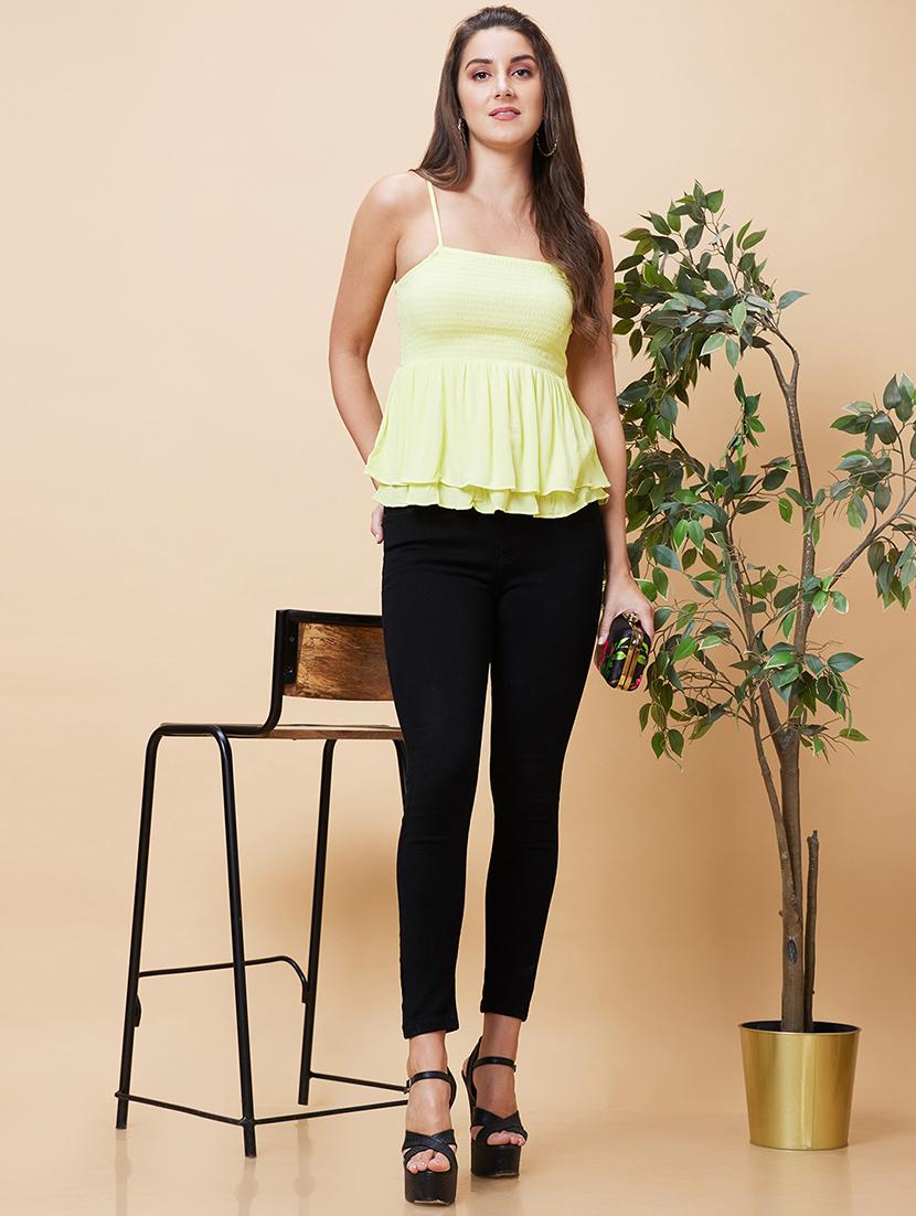 yellow solid shoulder strap peplum top - 20394979 - Standard Image - 3