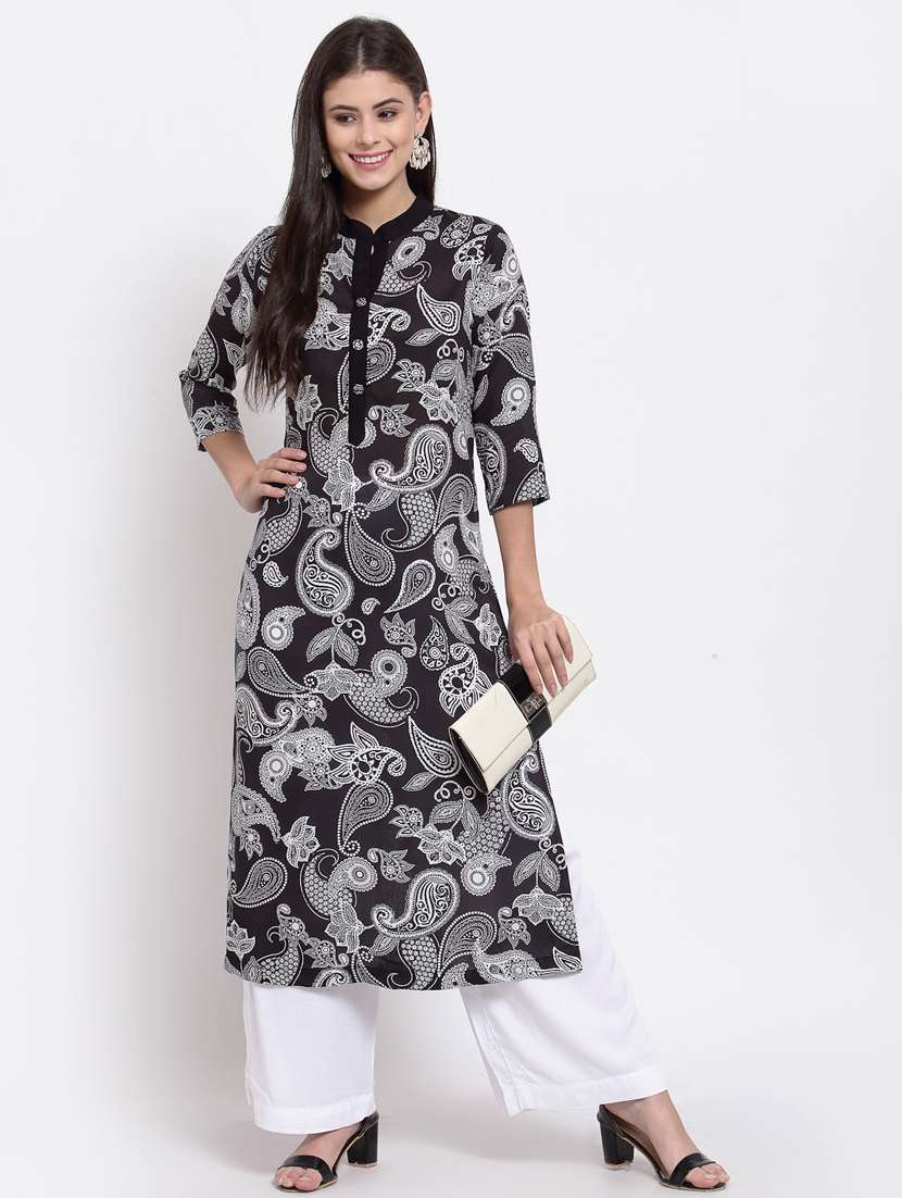 women black mandarin neck paisely straight kurta - 20395042 - Zoom Image - 0