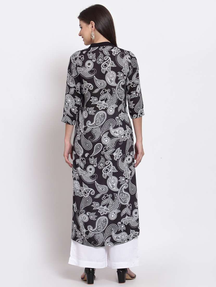 women black mandarin neck paisely straight kurta - 20395042 - Standard Image - 3