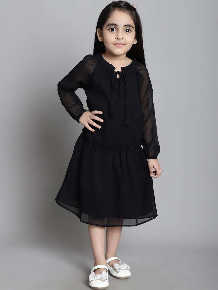 girls tie up neck long sleeves frock
