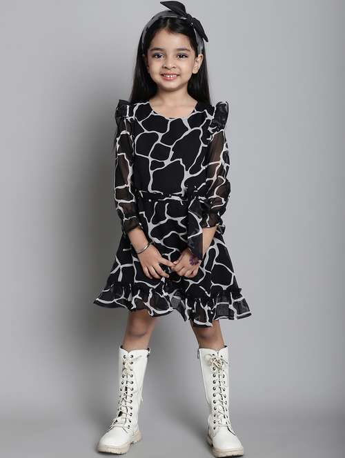 girls black round neck bell sleeve frock - 20396302 -  Standard Image - 0