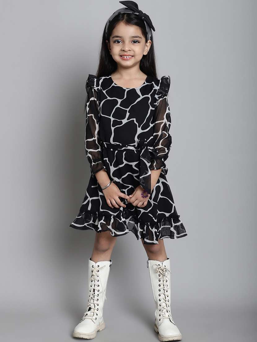 girls black round neck bell sleeve frock