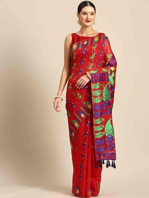 red cotton jamdani saree with blouse - 20396602 - Standard Image - 0