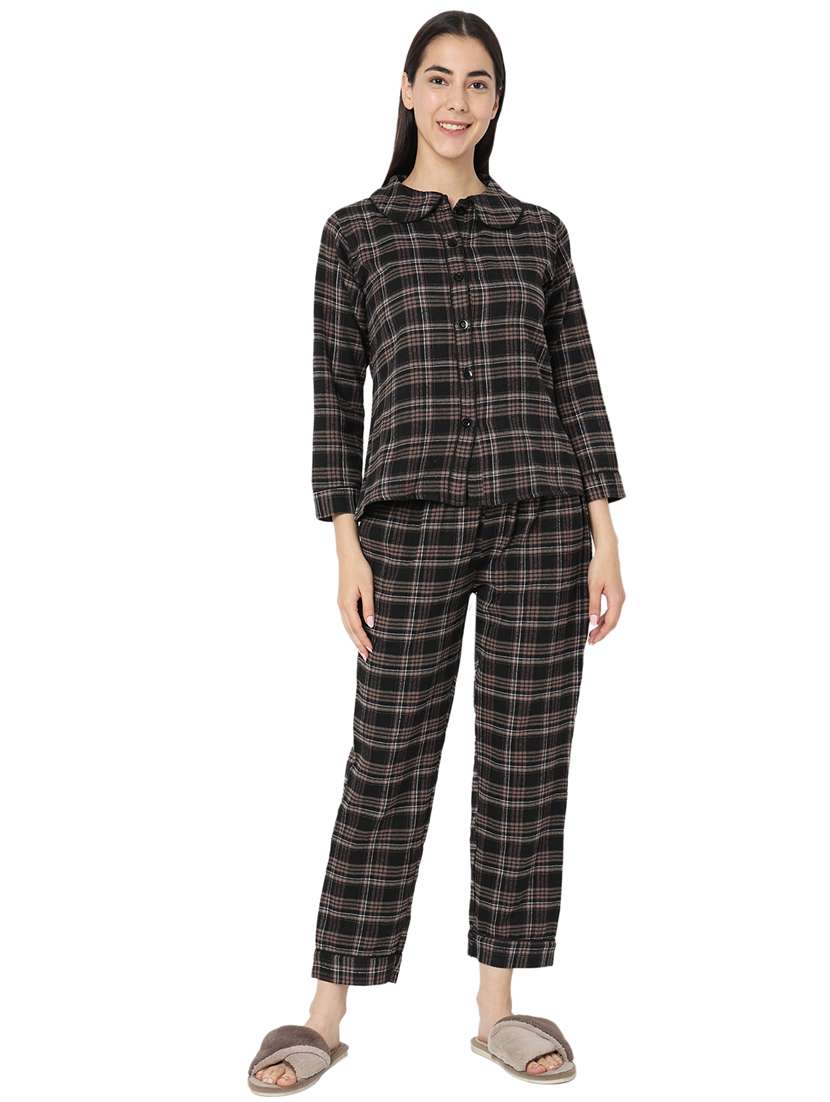 women multi color checkered cotton nightwear pyjama set 