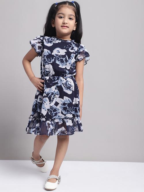 girls navy blue floral short sleeve a-line dress - 20396807 - Standard Image - 0