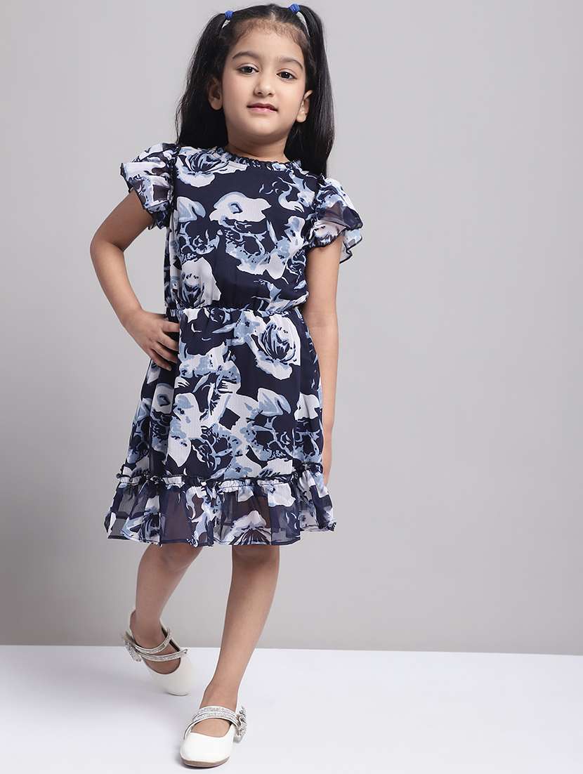 girls navy blue floral short sleeve a-line dress - 20396807 - Zoom Image - 0