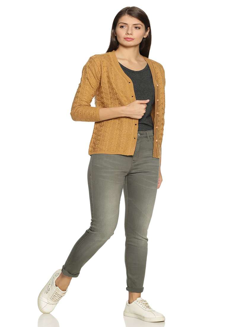 tan self design cardigan - 20396835 - Standard Image - 3