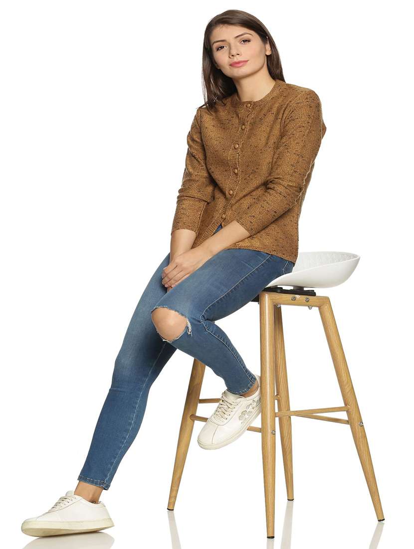 women brown mandarin neck cardigans - 20396836 -  Standard Image - 3