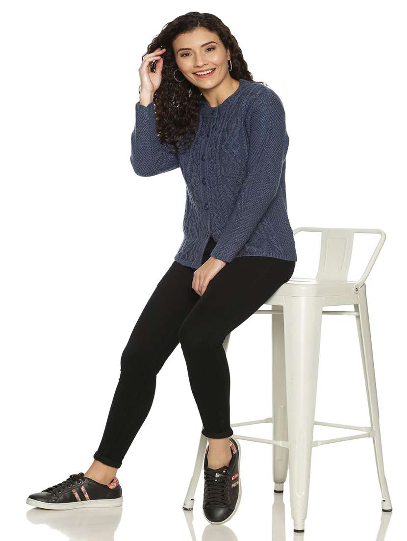  blue neck self design cardigan - 20396853 -  Standard Image - 3