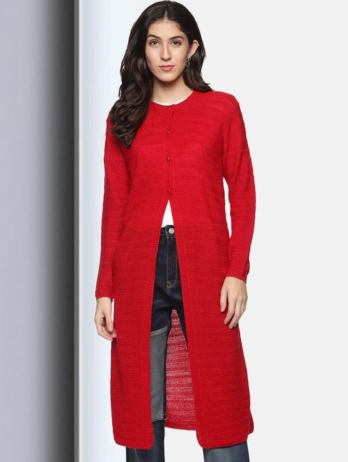 red self designed long sleeves long cardigan - 20396864 - Standard Image - 0