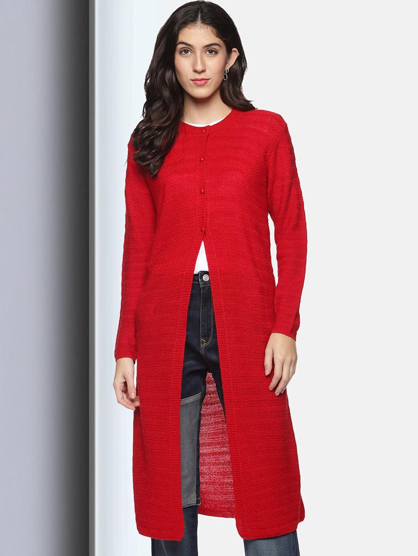 red self designed long sleeves long cardigan - 20396864 - Zoom Image - 0