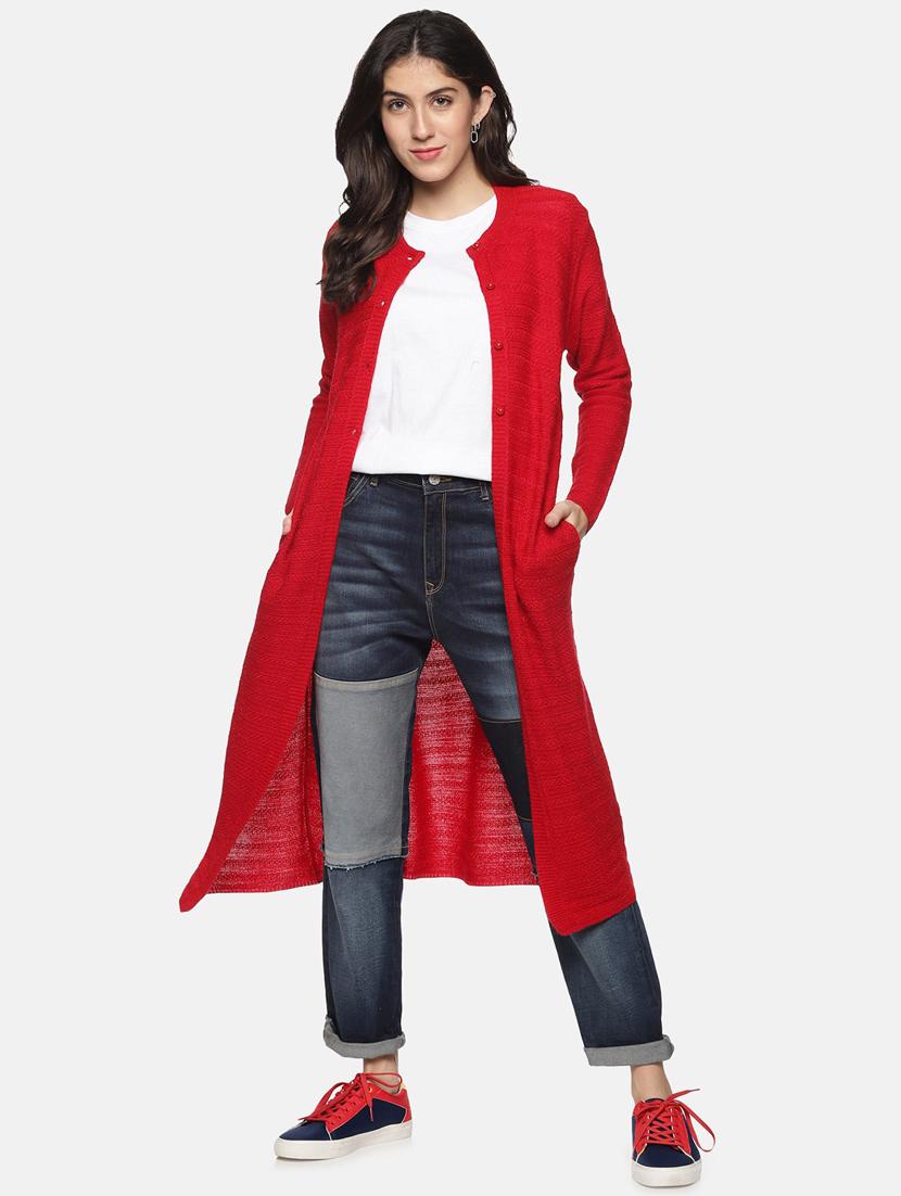 red self designed long sleeves long cardigan - 20396864 - Standard Image - 3