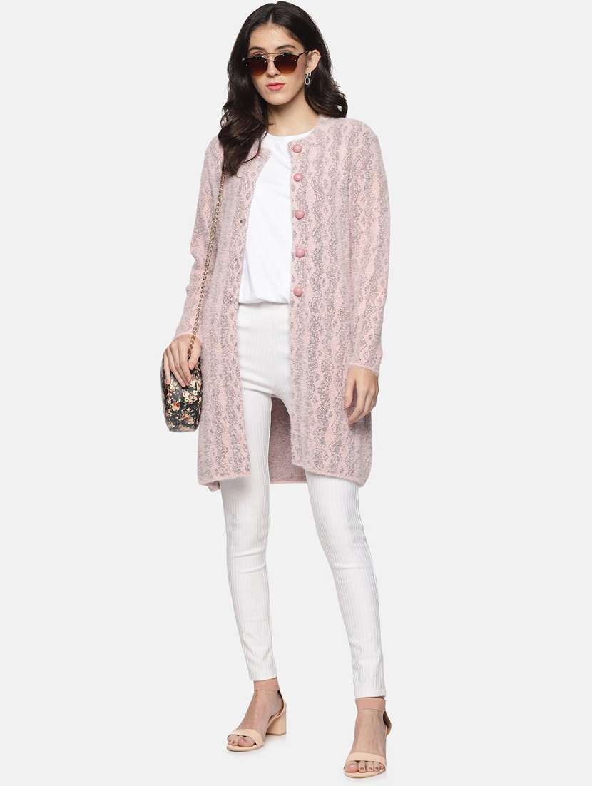 pink self designed long sleeves long cardigan - 20396882 -  Standard Image - 3