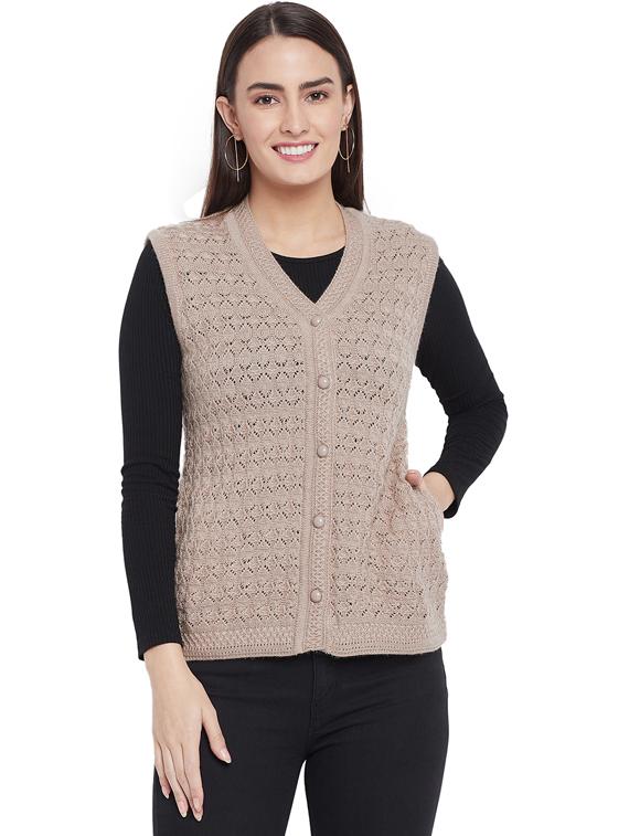 beige self designed sleeveless cardigan - 20396896 -  Zoom Image - 0
