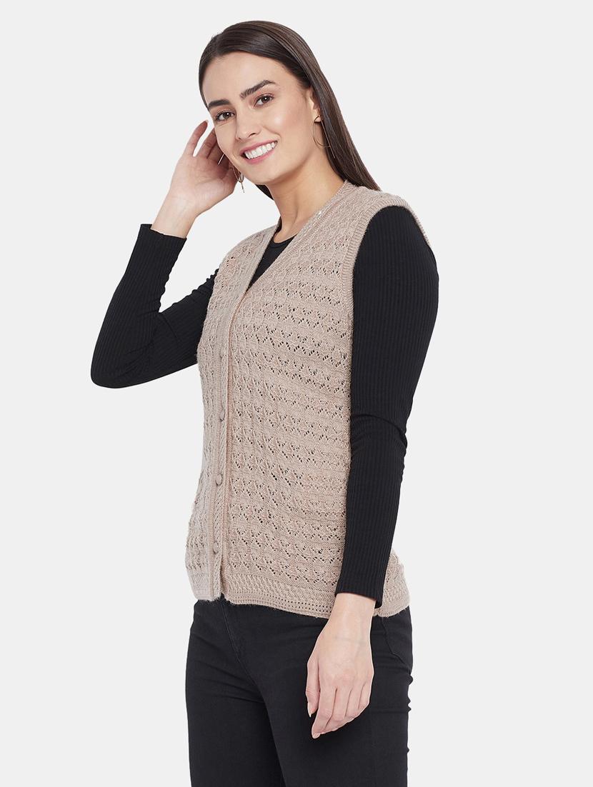 beige self designed sleeveless cardigan - 20396896 - Standard Image - 3