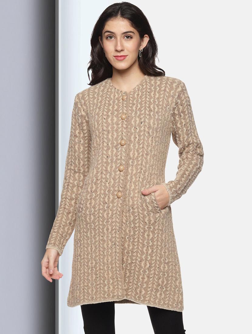 beige self designed long sleeves long cardigan - 20396906 -  Zoom Image - 0