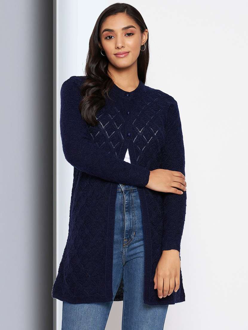 navy blue crew neck self design cardigan - 20396960 -  Zoom Image - 0