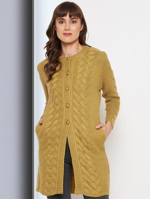 mustard crew neck self design cardigan - 20397014 - Standard Image - 0