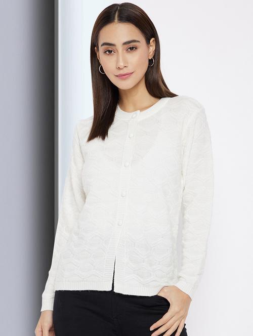 white self designed long sleeves cardigan - 20397031 - Standard Image - 0