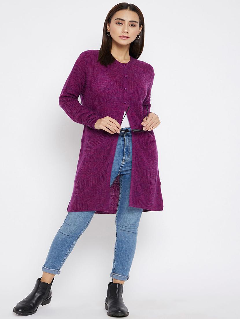 magenta self design wool blend cardigan - 20397115 - Standard Image - 3