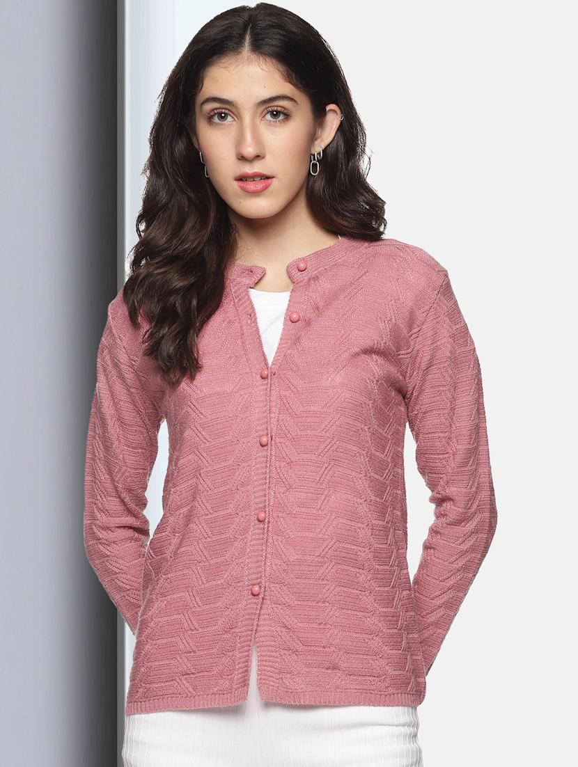pink self designed long sleeves cardigan - 20397119 -  Zoom Image - 0