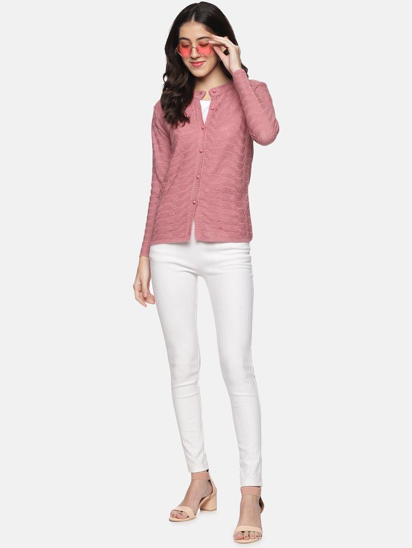 pink self designed long sleeves cardigan - 20397119 - Standard Image - 3
