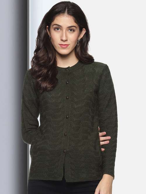 olive self designed long sleeves cardigan - 20397131 - Standard Image - 0