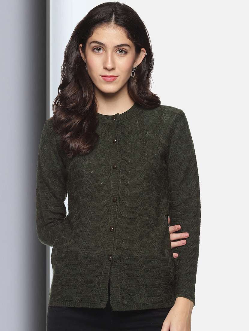 olive self designed long sleeves cardigan - 20397131 - Zoom Image - 0
