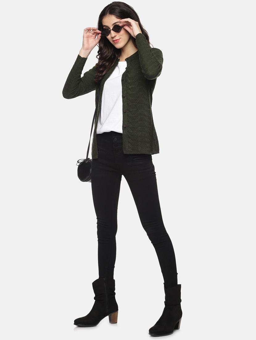 olive self designed long sleeves cardigan - 20397131 - Standard Image - 3
