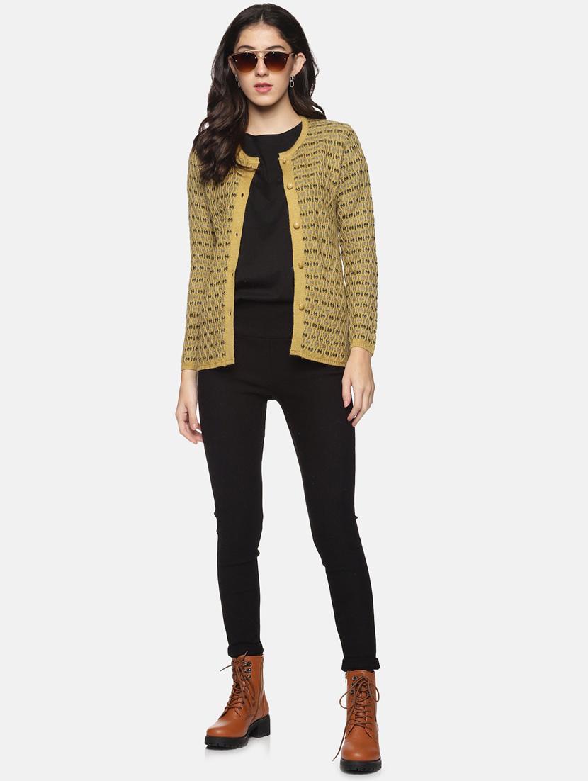 gold self design long sleeves cardigan - 20397149 - Standard Image - 3
