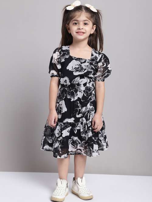 girls black square neck short sleeves frock - 20397161 -  Standard Image - 0