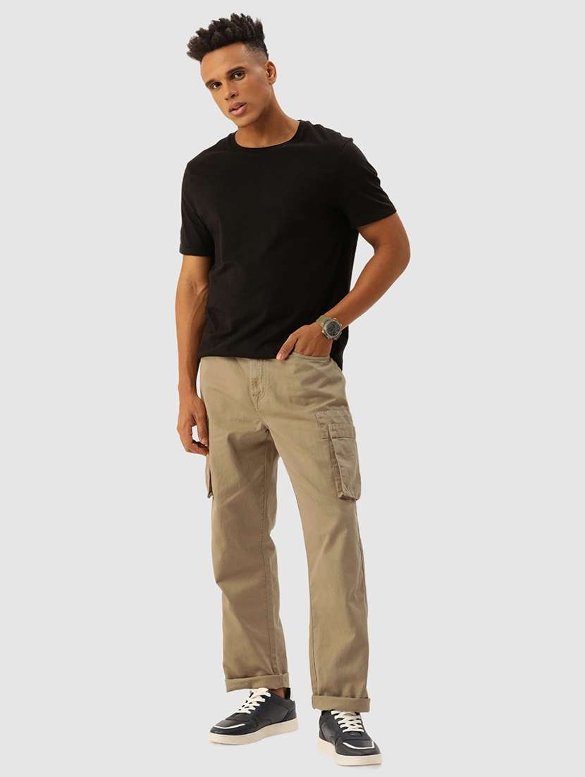 men solid khaki cotton cargos casual trouser - 20397338 -  Standard Image - 3