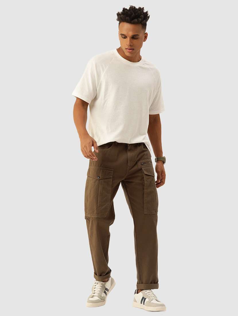 men solid brown cotton cargos casual trouser - 20397353 -  Standard Image - 3