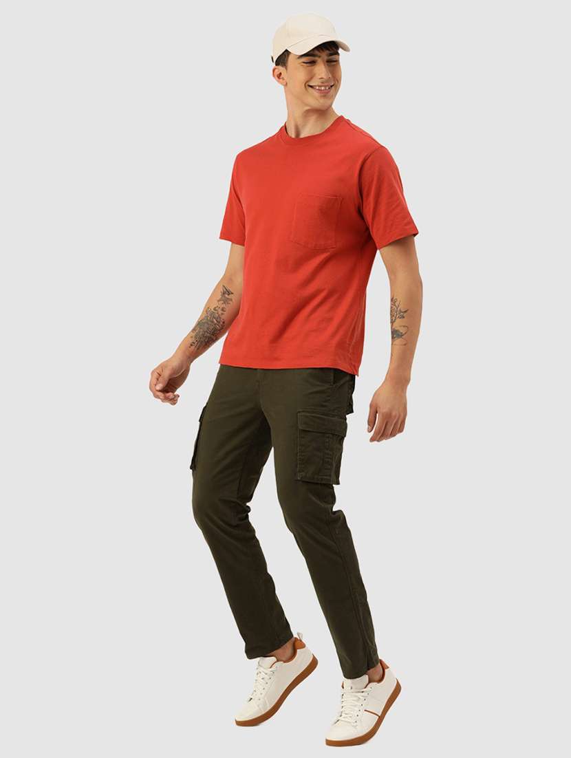 men solid olive ankle length cotton blend cargos casual trouser - 20397357 -  Standard Image - 3