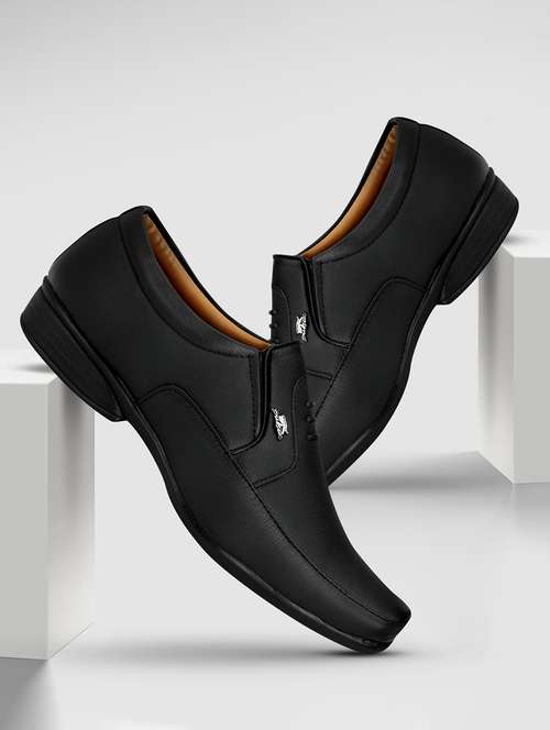 men solid black formal slip on