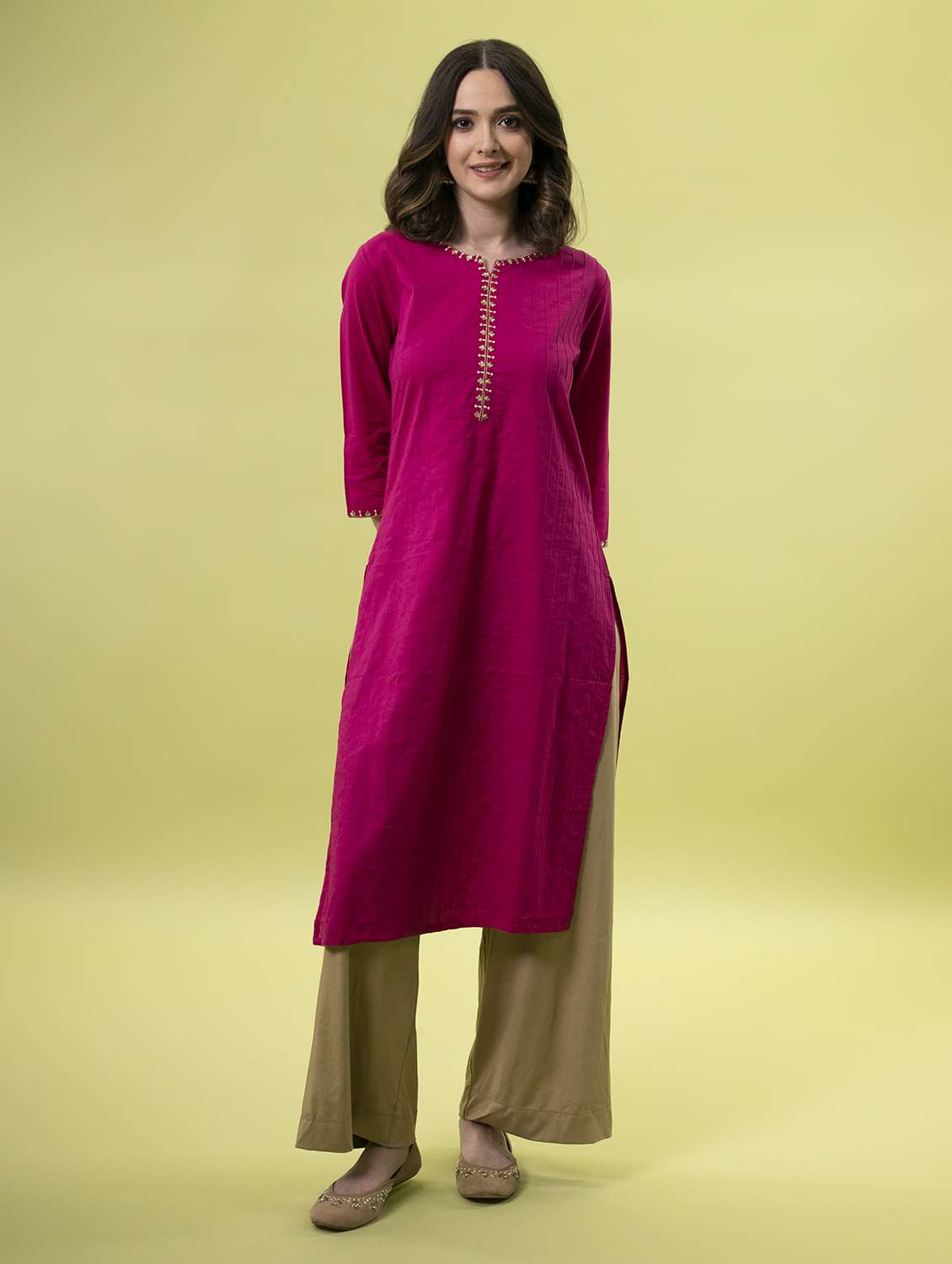 women pink notch neck straight kurta