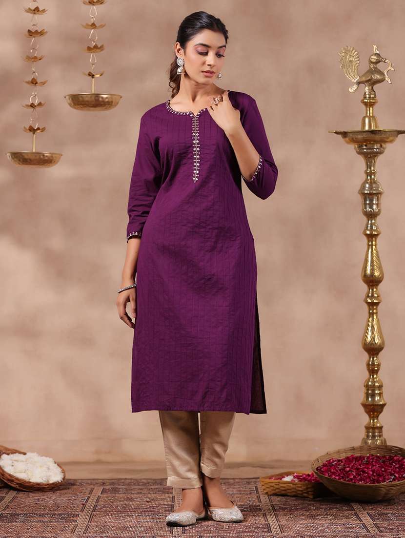 women purple notch neck straight kurta