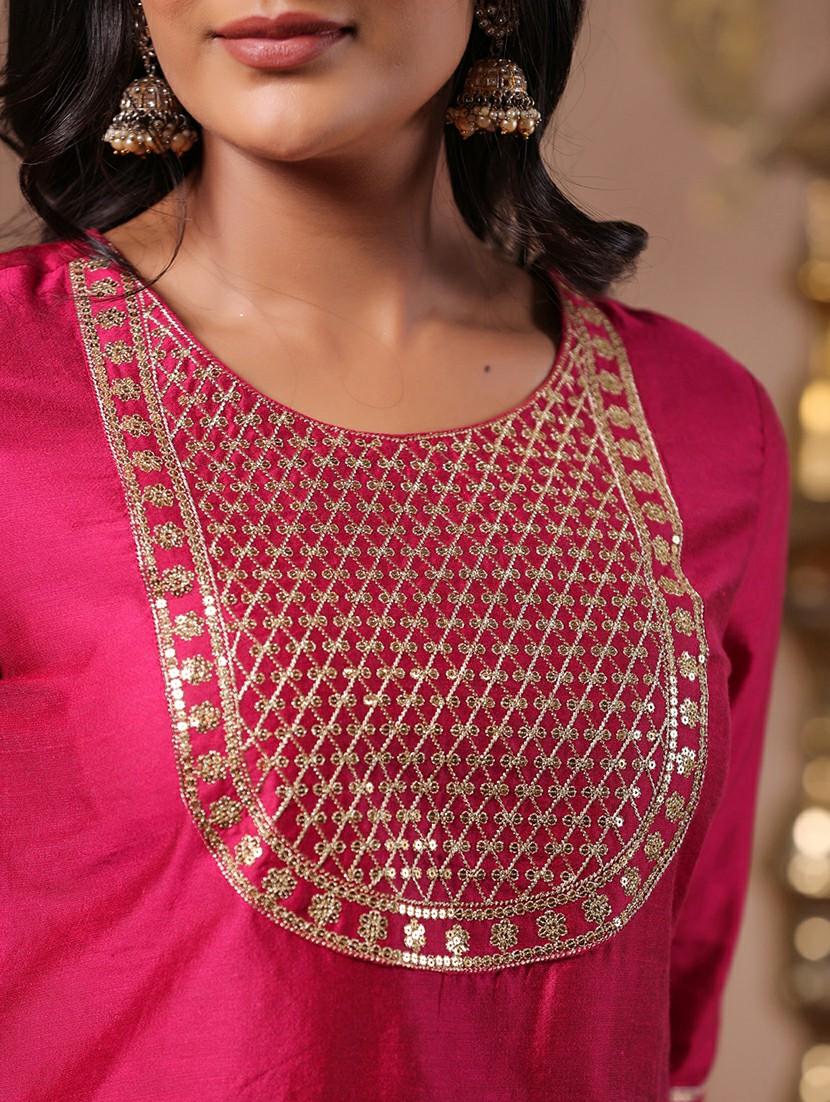 pink solid with work straight kurta - 20404839 - Standard Image - 5