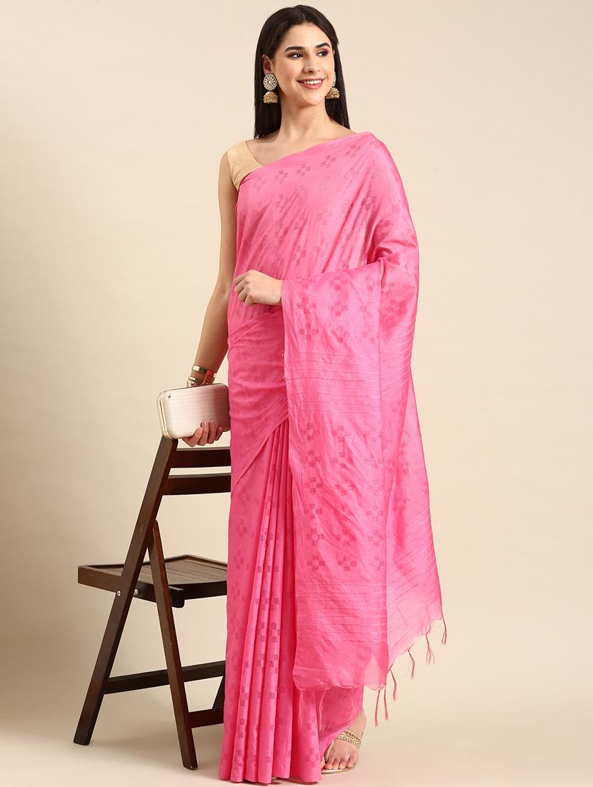 women's self design pink colored saree with blouse