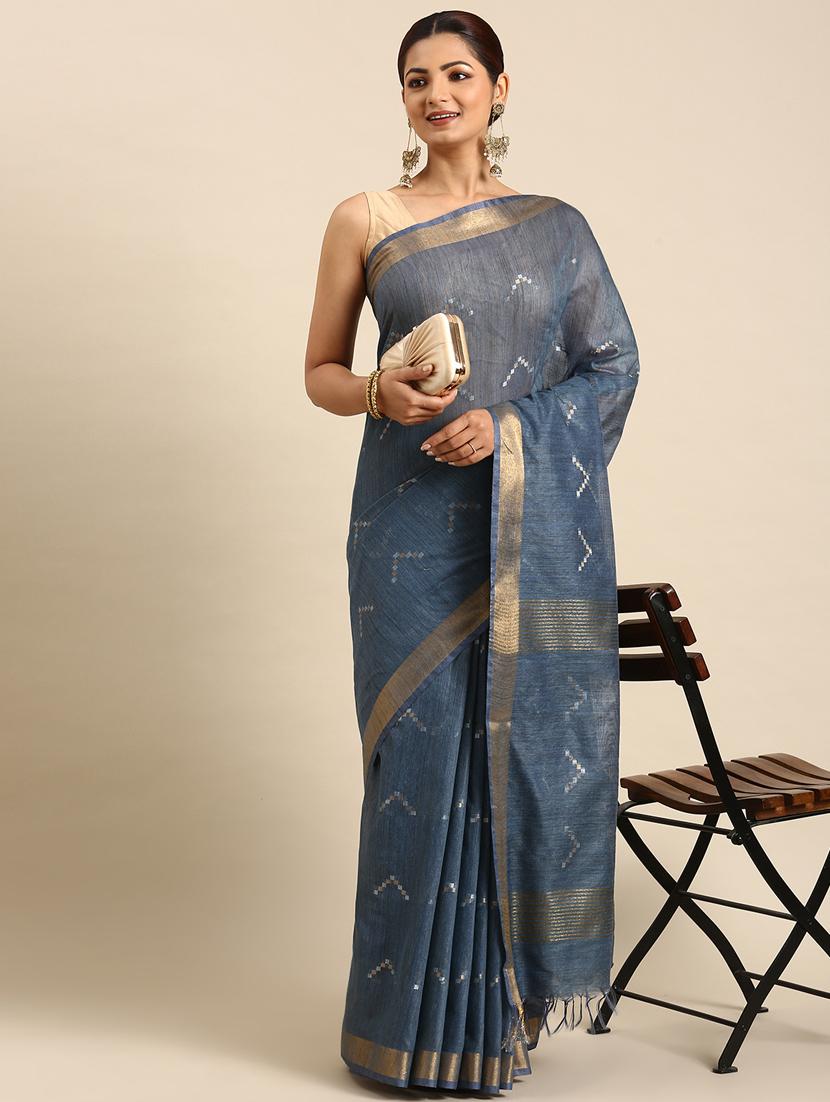 women's self design navy blue colored saree with blouse - 20406047 - Zoom Image - 0