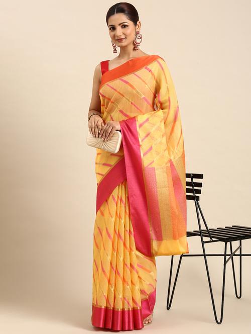 women's stripes yellow colored saree with blouse - 20406060 -  Standard Image - 0