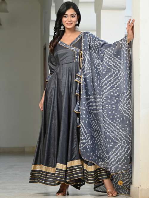 women grey angarkha kurta pant set - 20406785 - Standard Image - 0