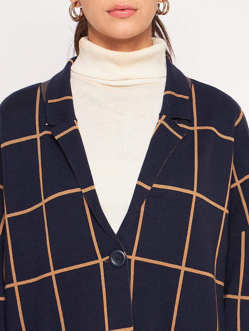 navy blue checks full sleeves overcoat - 20407161 - Standard Image - 5
